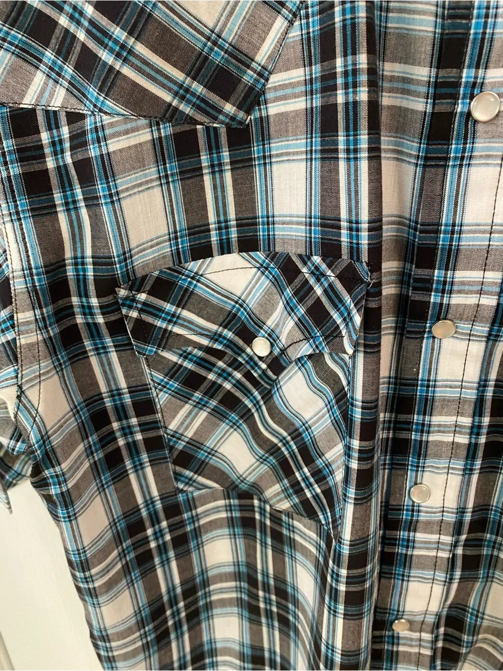 Ely Cattleman Western Pearl Snap Plaid Shirt Small Blue Gray Short Sleeve Cowboy - Picture 3 of 6